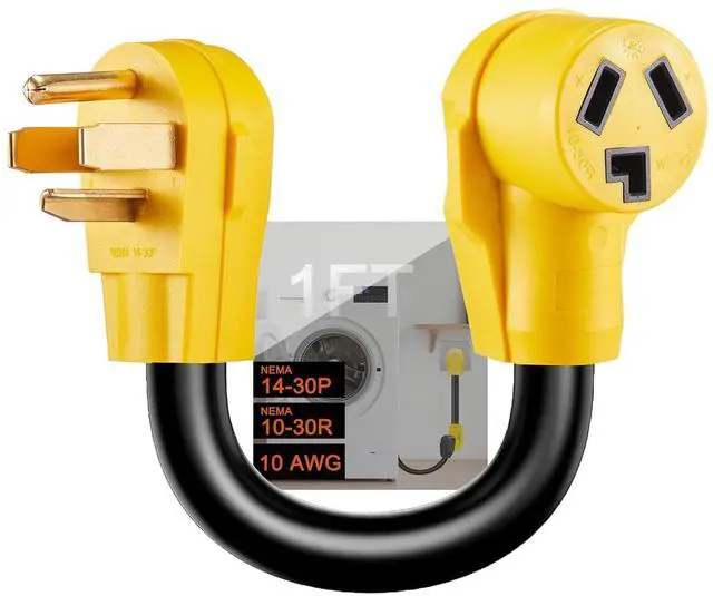 Main image of 4-pin to 3-pin dryer adapter, NEMA 14-30P male to 10-30R female, converts a 4-pin new dryer plug to a 3-pin old dryer connector, 30A 250V, STW 10 AWG, ETL listed