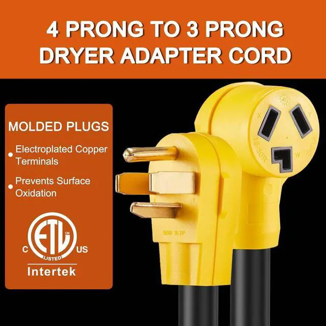 Alt view image 2 of 7 - 4-pin to 3-pin dryer adapter, NEMA 14-30P male to 10-30R female, converts a 4-pin new dryer plug to a 3-pin old dryer connector, 30A 250V, STW 10 AWG, ETL listed