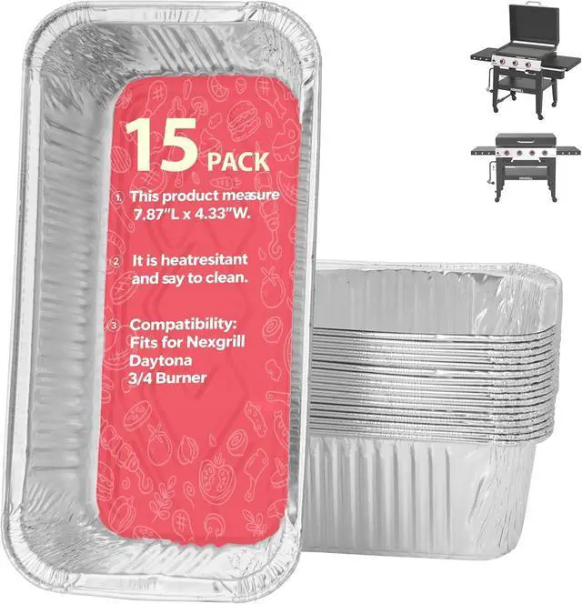 Main image of Nexgrill Daytona 3/4-Burner Grill (Models 720-1058, 720-1115, 720-1057) Skillet Grease Cup Liners; Aluminum Grease Tray Replacement for Nexgrill Daytona 30-inch and 36-inch Flat-Top Griddles; 15-Piece