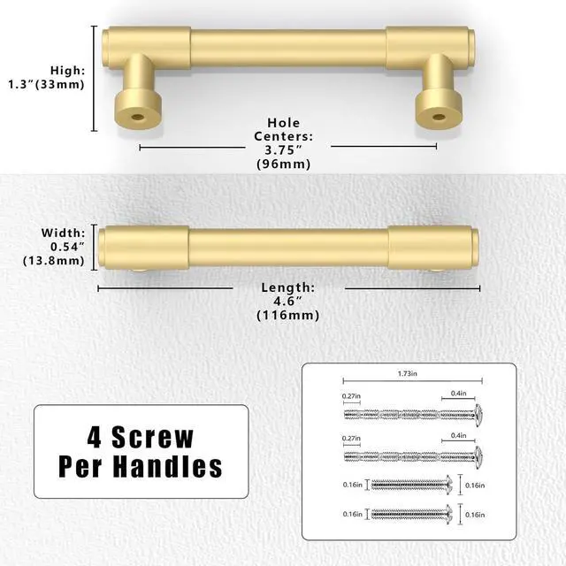 Alt view image 2 of 5 - Set of 10 Brushed Gold Cabinet Handles, 3.75 inches (96 mm) Kitchen Cabinet Handles, Cabinet Hardware, Drawer Handles