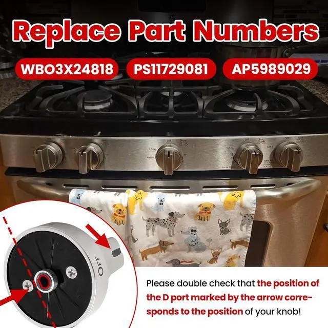 Alt view image 4 of 7 - Stainless Steel WB03X24818 Gas Stove Knob Replacement for GE Cooktops; Compatible with GE JGB6, JGB7, JGB8, and JGBS Series; Replaces AP5989029 and PS11729081; 5-Piece Set (Not Universal)