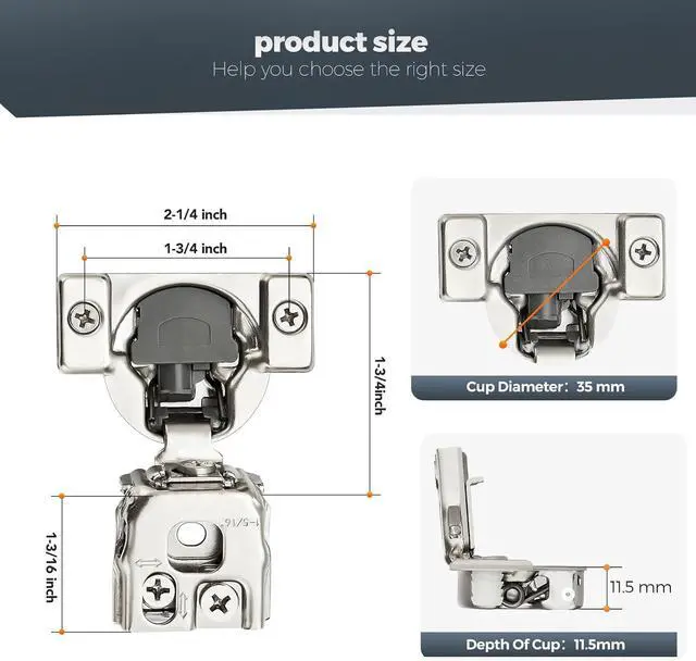 Alt view image 3 of 7 - 10-piece set (5 pairs) of 1-5/16-inch soft-close cabinet hinges, satin nickel stainless steel concealed hinges with 3D self-closing function, suitable for flush and framed doors and kitchens