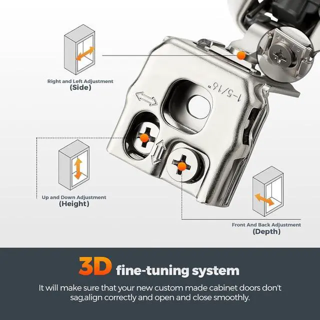 Alt view image 4 of 7 - 10-piece set (5 pairs) of 1-5/16-inch soft-close cabinet hinges, satin nickel stainless steel concealed hinges with 3D self-closing function, suitable for flush and framed doors and kitchens
