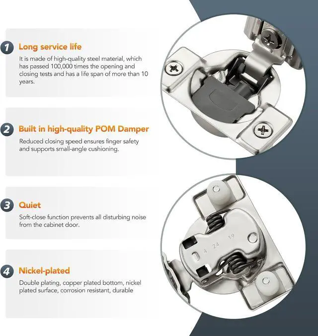 Alt view image 5 of 7 - 10-piece set (5 pairs) of 1-5/16-inch soft-close cabinet hinges, satin nickel stainless steel concealed hinges with 3D self-closing function, suitable for flush and framed doors and kitchens