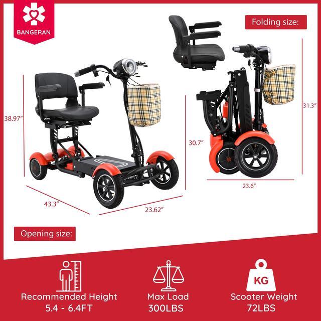 Alt view image 5 of 6 - 4 Wheel Electric Motorized Compact Scooter, Foldable Wide Seat Padded Armrests LED Light, Up to 12 Miles - Matte Red