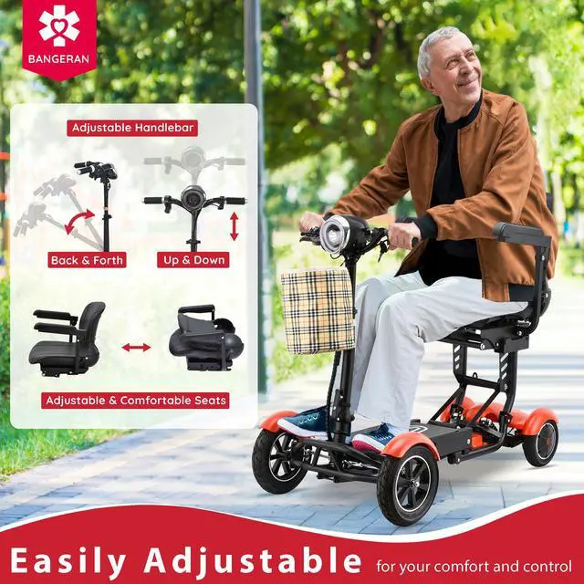 Alt view image 6 of 6 - Wide Seat 4 Wheel Power Scooter, Lightweight Foldable, Adjustable Speed and Handle, Up to 12 Miles - Matte Black Color