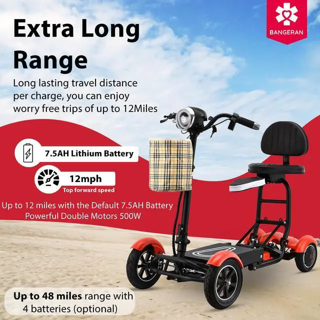 Alt view image 5 of 7 - Bangeran 4 Wheel Scooter, Foldable and Lightweight, Up to 12 Miles - Matte Red