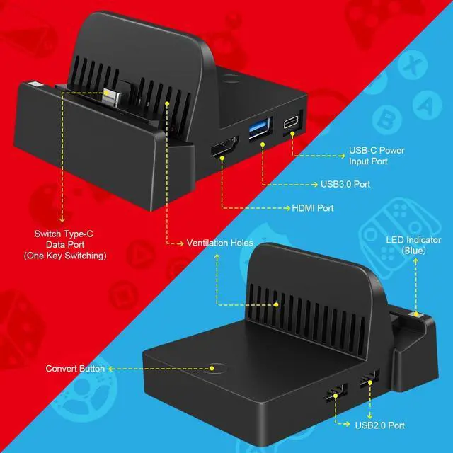 Alt view image 2 of 6 - Betrusami Switch Docking Station, Portable Replacement Charging Dock for Official Nintendo Switch with USB 3.0 Port