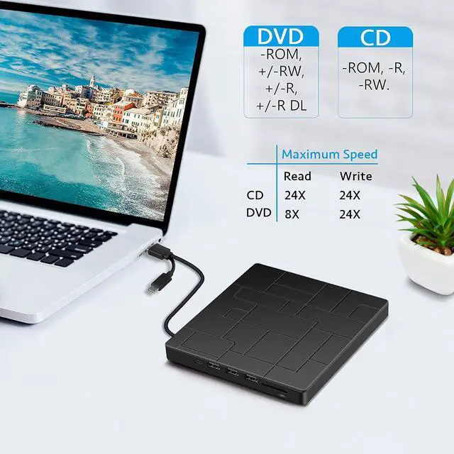 Alt view image 3 of 7 - External CD/Dvd Drive for Laptop, 7-in-1 Portable Dvd Player for Laptop, Ultra Slim CD Burner USB 3.0 with 4 USB Ports and 2 TF/SD Card Slots, Lecteur Cd Externe pour Mac, PC Windows 11/10/8/7 Linux