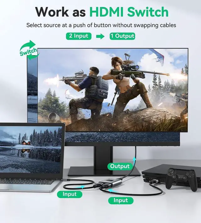 Alt view image 2 of 6 - HDMI Switch 4K HDMI Splitter - Prime Aluminum Bi-Directional HDMI Switcher 1 in 2 Out (Single Display) or 2 Input 1 Output, Supports 4K 3D HD 1080P for Xbox PS4 Roku HDTV etc. (Grey