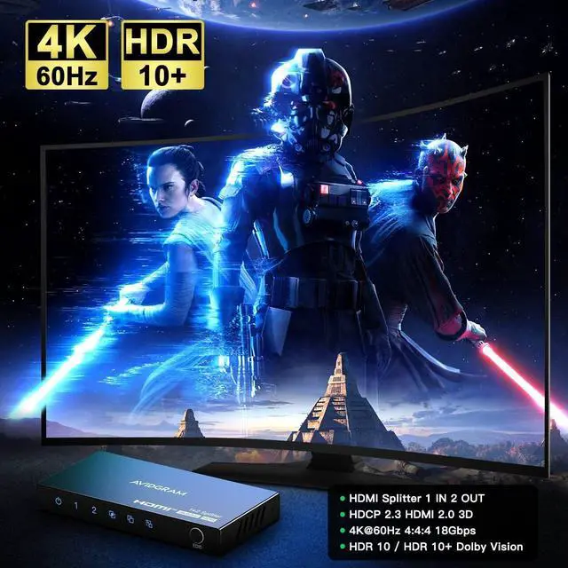 Alt view image 2 of 7 - HDMI Splitter 1 in 2 Out 4K 60Hz 4:4:4, HDMI 2 port Splitter with Copy, Downscaler, and Auto Mode for Dual Identical Display Support 1080p 120Hz HDR10, Compatible with Xbox, PS4 Pro, PS5