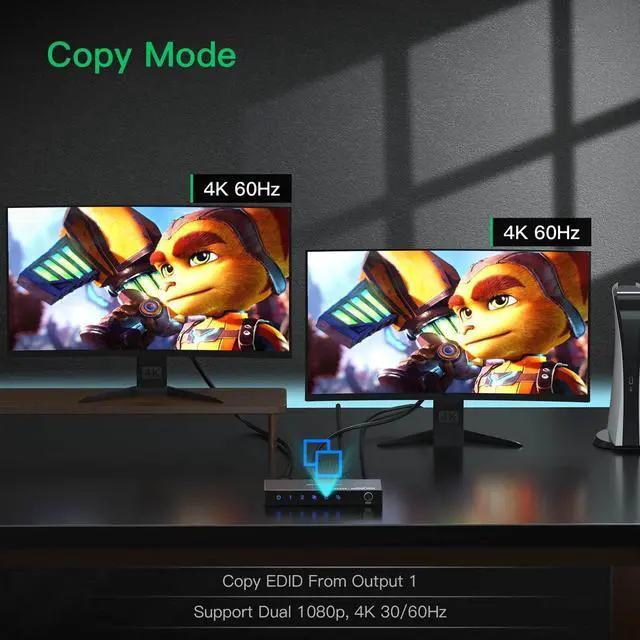 Alt view image 5 of 7 - HDMI Splitter 1 in 2 Out 4K 60Hz 4:4:4, HDMI 2 port Splitter with Copy, Downscaler, and Auto Mode for Dual Identical Display Support 1080p 120Hz HDR10, Compatible with Xbox, PS4 Pro, PS5