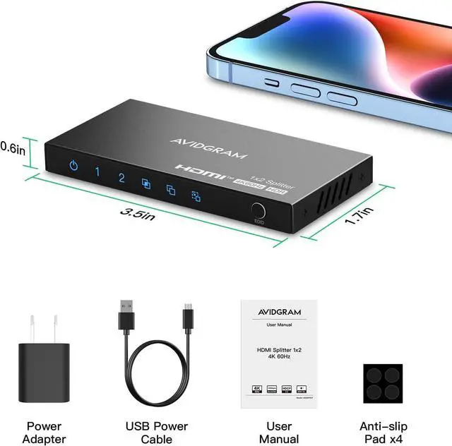 Alt view image 7 of 7 - HDMI Splitter 1 in 2 Out 4K 60Hz 4:4:4, HDMI 2 port Splitter with Copy, Downscaler, and Auto Mode for Dual Identical Display Support 1080p 120Hz HDR10, Compatible with Xbox, PS4 Pro, PS5