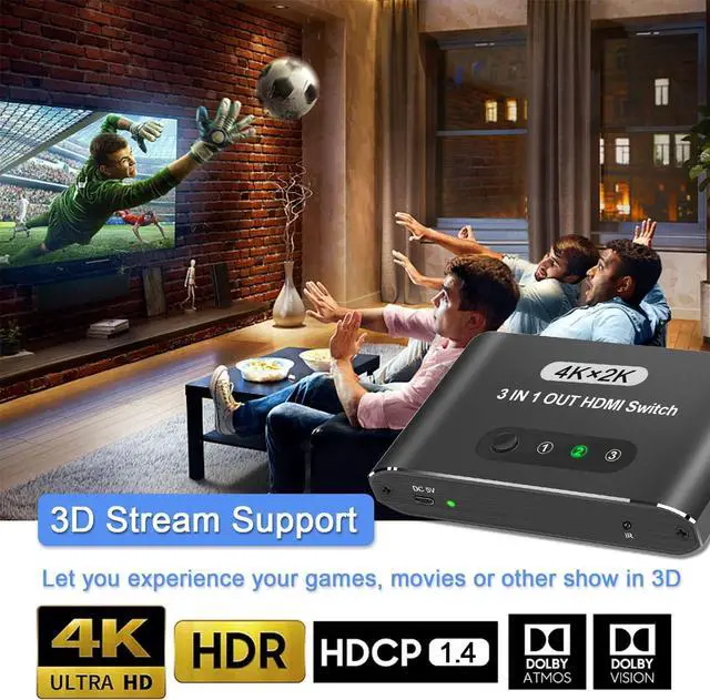 Alt view image 2 of 6 - HDMI Switch 3 in 1 Out 4K HDMI Switcher Splitter, 4k/2K Aluminum 3 Port HDMI Switch with IR Remote HDCP1.4 3D Dolby DST, Compatible with PS5/PS4/Xbox/Nintendo Switch/Fire Stick/Roku TV PC and More