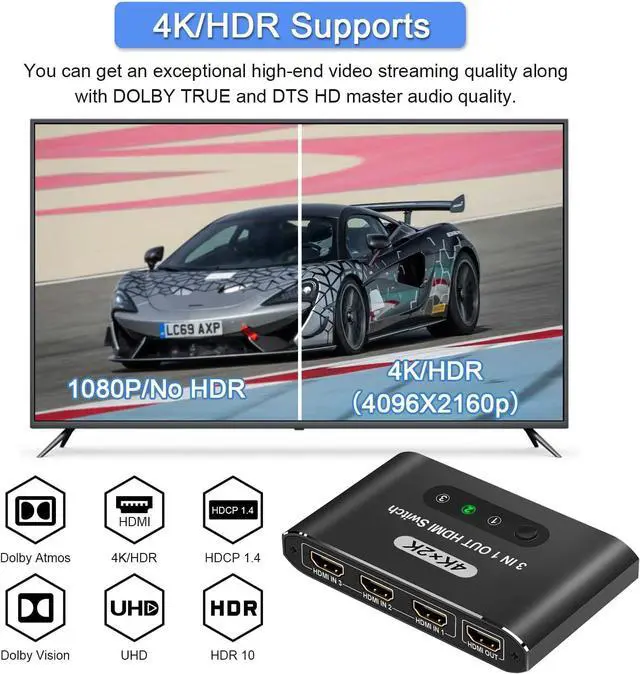 Alt view image 4 of 6 - HDMI Switch 3 in 1 Out 4K HDMI Switcher Splitter, 4k/2K Aluminum 3 Port HDMI Switch with IR Remote HDCP1.4 3D Dolby DST, Compatible with PS5/PS4/Xbox/Nintendo Switch/Fire Stick/Roku TV PC and More