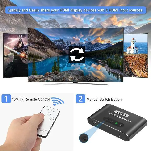 Alt view image 5 of 6 - HDMI Switch 3 in 1 Out 4K HDMI Switcher Splitter, 4k/2K Aluminum 3 Port HDMI Switch with IR Remote HDCP1.4 3D Dolby DST, Compatible with PS5/PS4/Xbox/Nintendo Switch/Fire Stick/Roku TV PC and More