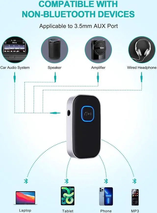 Alt view image 2 of 6 - Bluetooth Car Adapter,  3.5mm AUX Bluetooth Receiver for Music Streaming, Wireless Music Audio Adapter with Built-in Mic, Home Stereo, Speakers (Handsfree Car Kits, 16H Playtime, Dual Link)