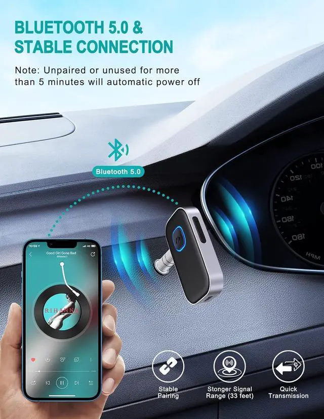 Alt view image 3 of 6 - Bluetooth Car Adapter,  3.5mm AUX Bluetooth Receiver for Music Streaming, Wireless Music Audio Adapter with Built-in Mic, Home Stereo, Speakers (Handsfree Car Kits, 16H Playtime, Dual Link)
