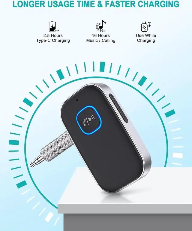 Alt view image 5 of 6 - Bluetooth Car Adapter,  3.5mm AUX Bluetooth Receiver for Music Streaming, Wireless Music Audio Adapter with Built-in Mic, Home Stereo, Speakers (Handsfree Car Kits, 16H Playtime, Dual Link)