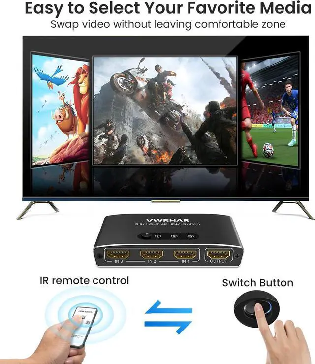 Alt view image 3 of 7 - HDMI Switch 3 in 1 Out 4K UHD HDMI Switcher Splitter, Automatic Switch with Remote Metal HDMI Switch Box Hub Support 4K 30Hz 3D 1080P HDCP1.4 for PS5 PS4 Xbox DVD Player Fire Stick Apple TV PC