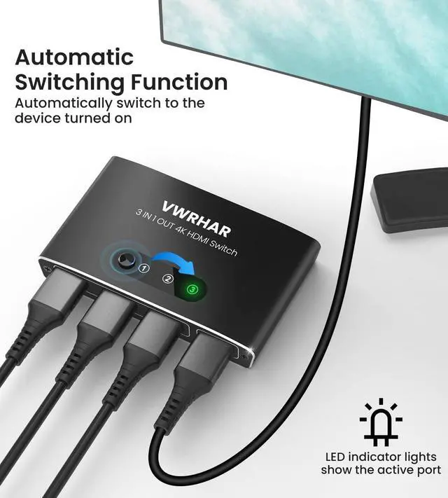 Alt view image 4 of 7 - HDMI Switch 3 in 1 Out 4K UHD HDMI Switcher Splitter, Automatic Switch with Remote Metal HDMI Switch Box Hub Support 4K 30Hz 3D 1080P HDCP1.4 for PS5 PS4 Xbox DVD Player Fire Stick Apple TV PC