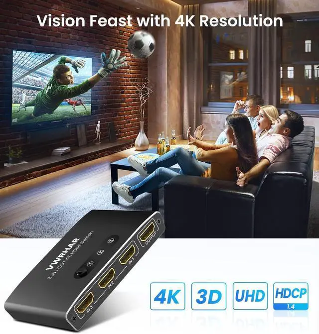Alt view image 6 of 7 - HDMI Switch 3 in 1 Out 4K UHD HDMI Switcher Splitter, Automatic Switch with Remote Metal HDMI Switch Box Hub Support 4K 30Hz 3D 1080P HDCP1.4 for PS5 PS4 Xbox DVD Player Fire Stick Apple TV PC
