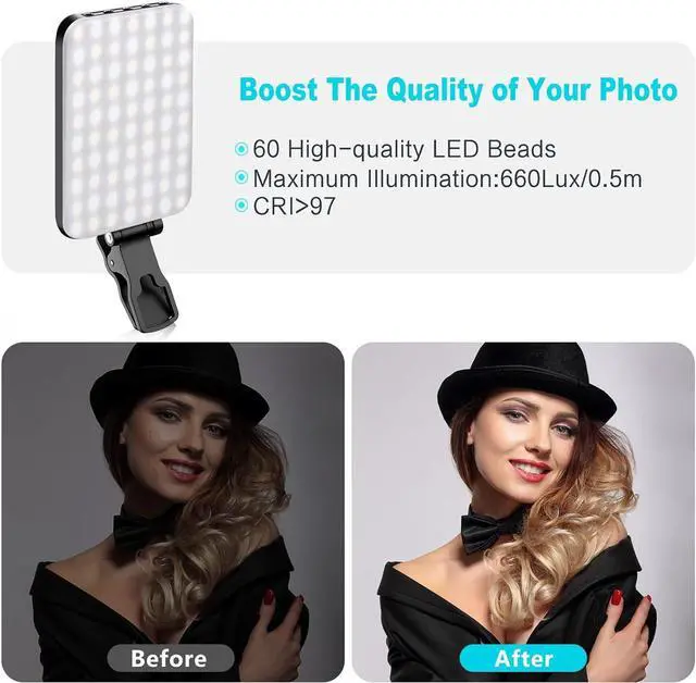 Alt view image 5 of 6 - Selfie Light, 60 LED 2200mAh Rechargeable Clip Fill Video Light, 7 Light Modes, 10-Level Brightness, CRI 97+, Clip on Light for Phone/Tablet/Laptop, Zoom Call Vlog Makeup TikTok Video Light