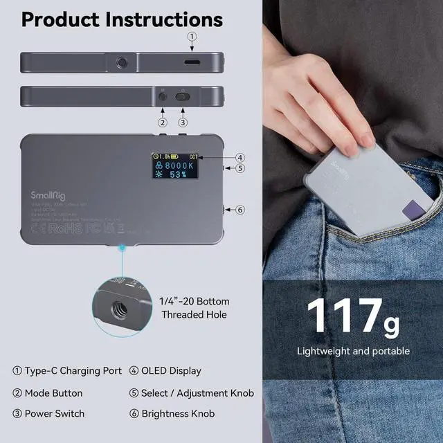 Alt view image 3 of 5 - P96L RGB Video Light, Portable LED On-Camera Light Panel Full Color CRI 96+ Rechargeable LED DSLR Lighting with Aluminum Alloy for Photography, YouTube, TikTok - 3489B