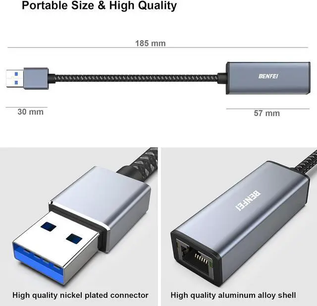 Alt view image 6 of 7 - Ethernet Adapter, USB 3.0 to RJ45 1000Mbps Gigabit LAN Adapter Compatible for MacBook, Surface Pro, PC with Windows11/10/8/7, XP, Vista, Mac[Aluminium Shell&Nylon Cable]