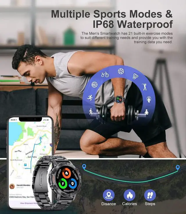 Alt view image 5 of 6 - Military Smart Watch, 1.39'' HD Tactical Smart Watch for Men with Bluetooth Call/Heart Rate/Blood Pressure/Sleep Monitor, Sport Watch with 21 Sport Modes, IP68 Smartwatch for IOS Android, Black