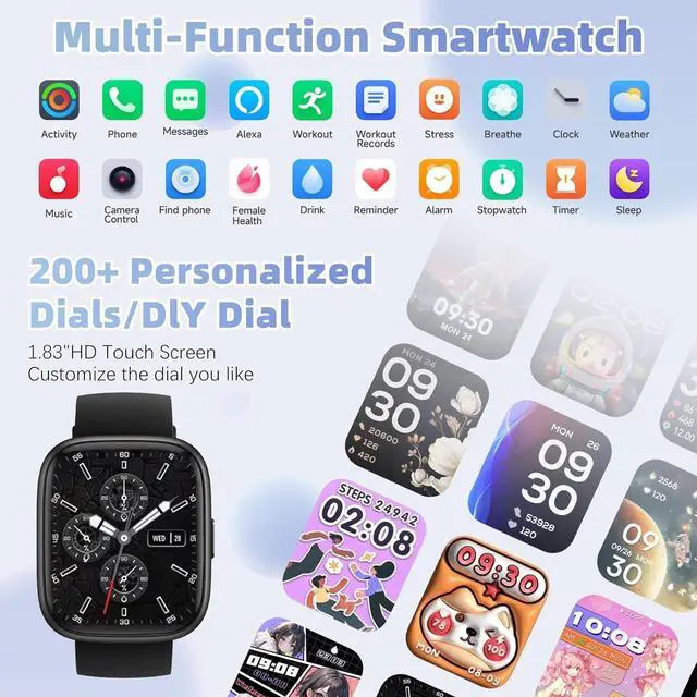 Alt view image 3 of 6 - Smart Watch for Men Women(Answer/Make Calls),Alexa Built-in,1.83" HD Touch Screen Fitness Watch, Heart Rate/SpO2/Sleep Monitor IP68 Waterproof 100 Sports Modes Smartwatch for Android iOS(Black)