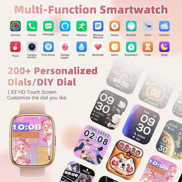 Alt view image 3 of 6 - Smart Watch for Men Women(Answer/Make Calls),Alexa Built-in,1.83" HD Touch Screen Fitness Watch, Heart Rate/SpO2/Sleep Monitor IP68 Waterproof 100 Sports Modes Smartwatch for Android iOS (Pink)