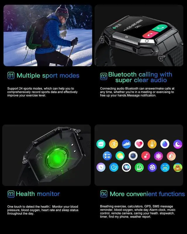 Alt view image 4 of 6 - Military Smart Watches for Men,5ATM Waterproof Outdoors Sport Fitness Activity Tracker Watch, 1.85'' HD Blood Pressure/Blood Oxygen/Heart Rate Monitor SmartWatches Compatible with iOS and Android