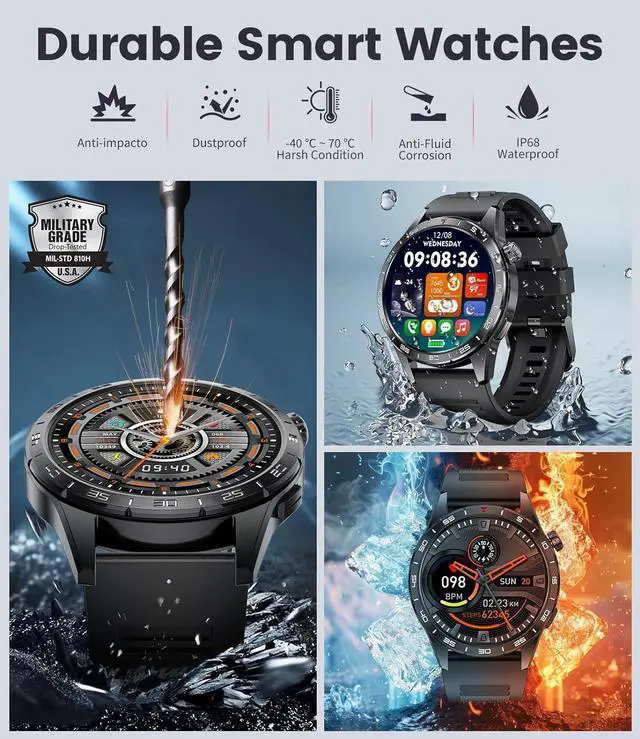 Alt view image 2 of 6 - Smart Watch for Men,AMOLED Always-on Display with 3 Strap,5ATM Waterproof Fitness Tracker with 110+ Sports Modes Outdoor Smartwatch,Heart Rate Sleep Monitor,Health/Sports Tracking for iOS Android