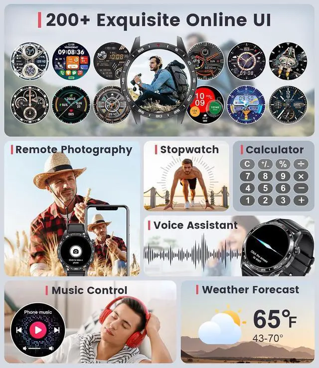 Alt view image 6 of 6 - Smart Watch for Men,AMOLED Always-on Display with 3 Strap,5ATM Waterproof Fitness Tracker with 110+ Sports Modes Outdoor Smartwatch,Heart Rate Sleep Monitor,Health/Sports Tracking for iOS Android