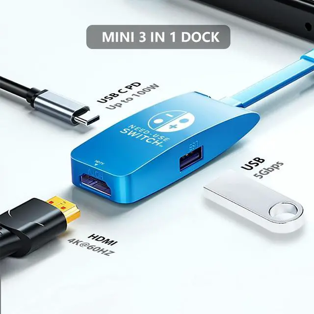 Alt view image 2 of 7 - 3 in 1 Switch Dock, Portable Docking Station Replacement with 4K 60Hz HDTV, USB 3.0&100W Thunderbolt Port,Type-C Dock Suitable for Switch,MacBook Pro Air,Samsung (Blue)