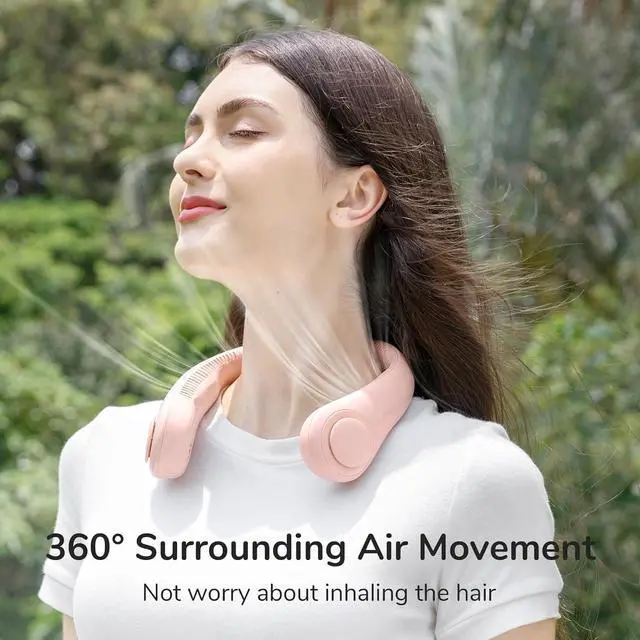 Alt view image 2 of 5 - Portable Neck Fan, Hands Free Bladeless Hanging Sport Fan, 4000 mAn Battery Operated Wearable Personal Fan, Leafless, Rechargeable, Headphone Design, USB Powered 3 Speeds- Pink