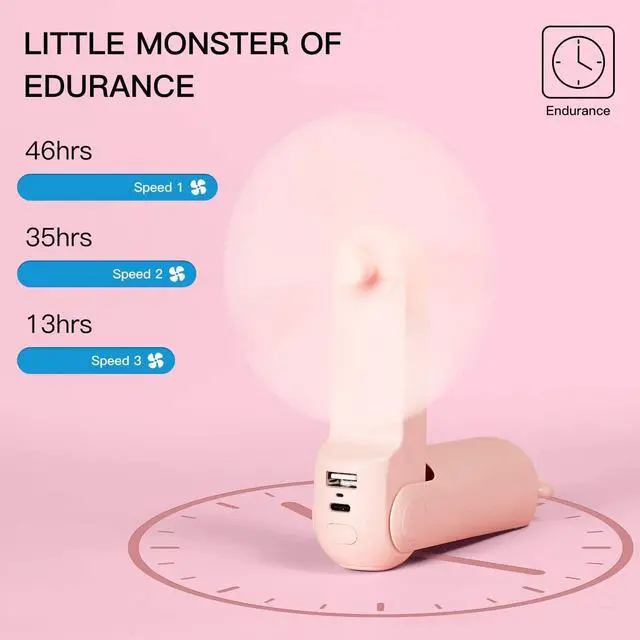 Alt view image 2 of 7 - Hand Portable Fan with 4500 mAh Power Bank, 13-46 Hrs Runtime, Battery Operated Folding Pocket Fan, 3 Speeds, Enhanced Airflow, Rechargeable Quiet Mini Fan for Home, Outdoor - Pink
