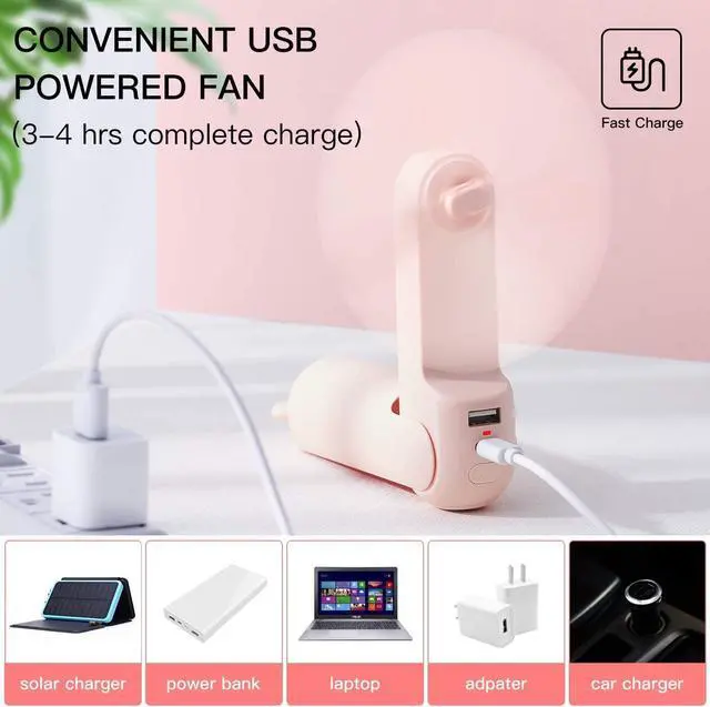 Alt view image 6 of 7 - Hand Portable Fan with 4500 mAh Power Bank, 13-46 Hrs Runtime, Battery Operated Folding Pocket Fan, 3 Speeds, Enhanced Airflow, Rechargeable Quiet Mini Fan for Home, Outdoor - Pink