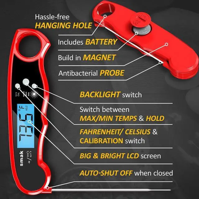 Alt view image 4 of 7 - Digital Instant Read Meat Thermometer - Waterproof Kitchen Food Cooking Thermometer with Backlight LCD - Best Super Fast Electric Meat Thermometer Probe for BBQ Grilling Smoker Baking Turkey