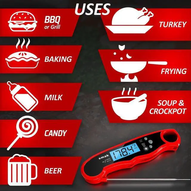 Alt view image 5 of 7 - Digital Instant Read Meat Thermometer - Waterproof Kitchen Food Cooking Thermometer with Backlight LCD - Best Super Fast Electric Meat Thermometer Probe for BBQ Grilling Smoker Baking Turkey