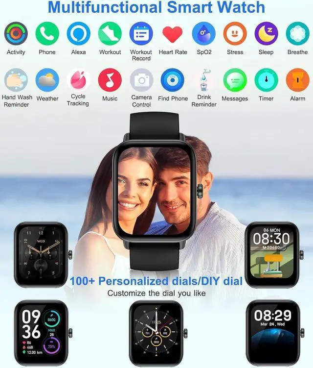 Alt view image 3 of 7 - Smart Watch for Men Women with Bluetooth Call,Alexa Built-in,1.8" DIY Dial Fitness Tracker with Heart Rate Sleep Monitor 100 Sports Modes IP68 Waterproof Smartwatch for Android iOS(Black)