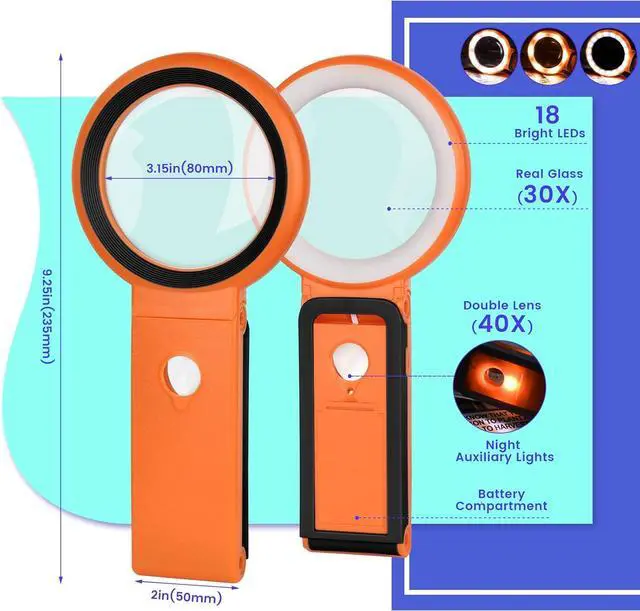 Alt view image 4 of 6 - 30X 40X Magnifying Glass with Light and Stand, Large Lighted Magnifying Glass 18 LED Illuminated Handheld Magnifier for Reading Close Work Coins Jewelry Macular Degeneration (Orange)