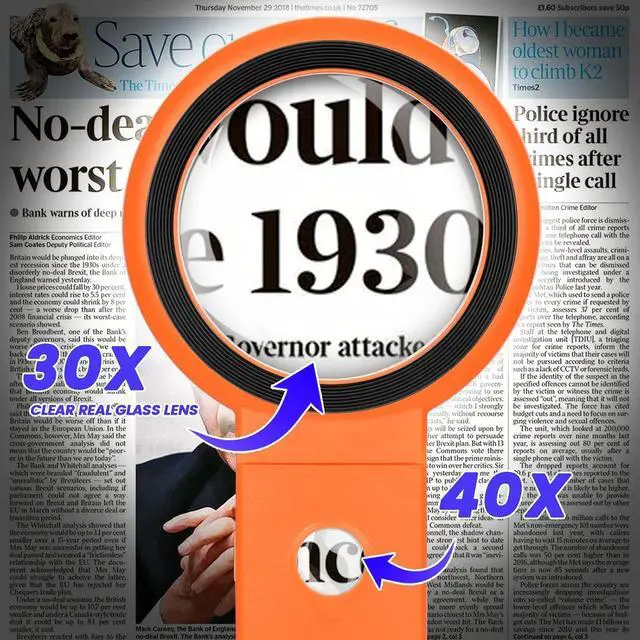 Alt view image 5 of 6 - 30X 40X Magnifying Glass with Light and Stand, Large Lighted Magnifying Glass 18 LED Illuminated Handheld Magnifier for Reading Close Work Coins Jewelry Macular Degeneration (Orange)