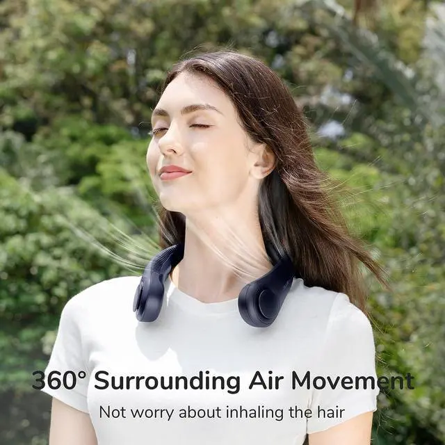 Alt view image 2 of 7 - Portable Neck Fan, Hands Free Bladeless Hanging Sport Fan, 4000 mAn Battery Operated Wearable Personal Fan, Leafless, Rechargeable, Headphone Design, USB Powered Desk Fan- Dark Blue