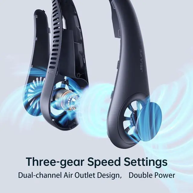 Alt view image 3 of 7 - Portable Neck Fan, Hands Free Bladeless Hanging Sport Fan, 4000 mAn Battery Operated Wearable Personal Fan, Leafless, Rechargeable, Headphone Design, USB Powered Desk Fan- Dark Blue