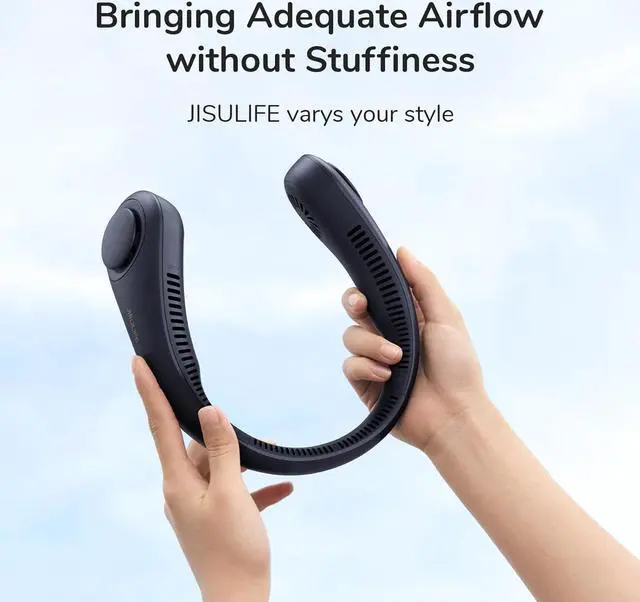 Alt view image 6 of 7 - Portable Neck Fan, Hands Free Bladeless Hanging Sport Fan, 4000 mAn Battery Operated Wearable Personal Fan, Leafless, Rechargeable, Headphone Design, USB Powered Desk Fan- Dark Blue