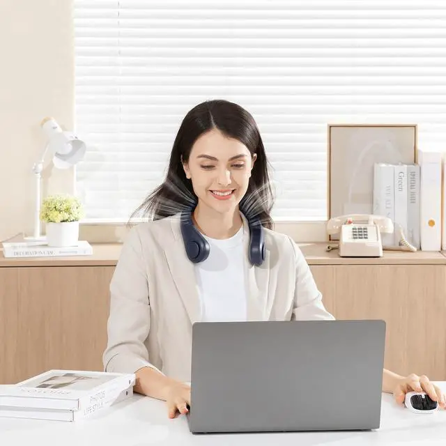 Alt view image 7 of 7 - Portable Neck Fan, Hands Free Bladeless Hanging Sport Fan, 4000 mAn Battery Operated Wearable Personal Fan, Leafless, Rechargeable, Headphone Design, USB Powered Desk Fan- Dark Blue