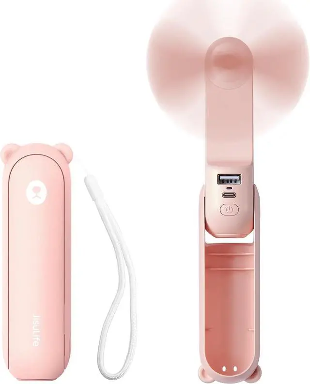 Main image of Handheld Mini Fan, Portable 3 IN 1 Hand Fan, Small Pocket Fan, USB Rechargeable Battery Operated Fan [12-19 Working Hours] with Power Bank, Flashlight Function for Women,Travel,Outdoor-Pink