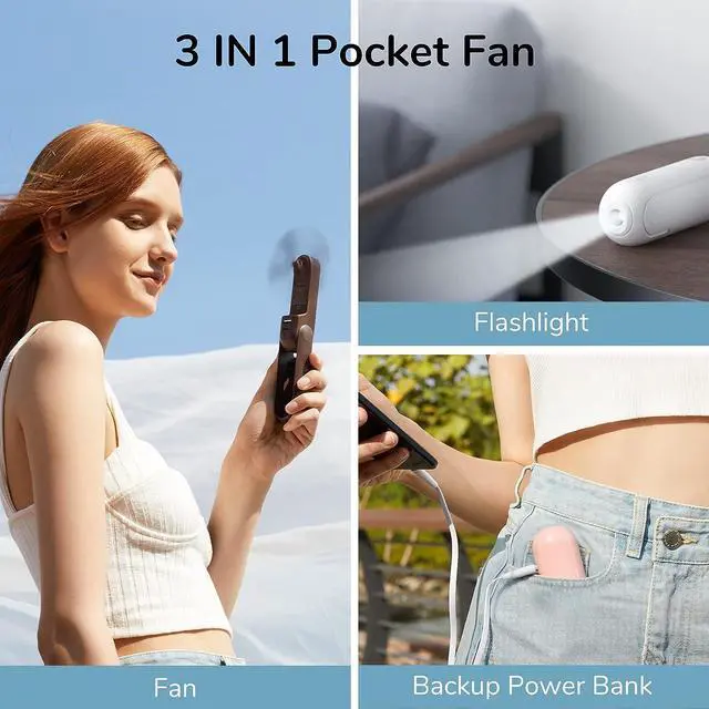 Alt view image 2 of 7 - Handheld Mini Fan, Portable 3 IN 1 Hand Fan, Small Pocket Fan, USB Rechargeable Battery Operated Fan [12-19 Working Hours] with Power Bank, Flashlight Function for Women,Travel,Outdoor-Pink